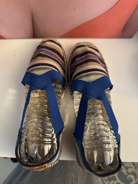 Striped Multicolor Espadrille Flats with Blue Straps